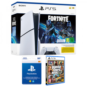 Pack PS5 DISCO SLIM 1Tb Fortnite Cobalt Star + GTA V + Tarjeta PSN 50 Euros